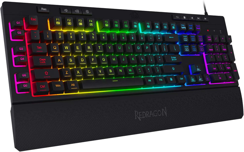 K512 Shiva RGB Backlit Membrane Gaming Keyboard with Multimedia Keys, Quiet Mechanical Feeling Keyboard, 6 Extra On-Board Macro Keys, Dedicated Media Control, Detachable Wrist Rest