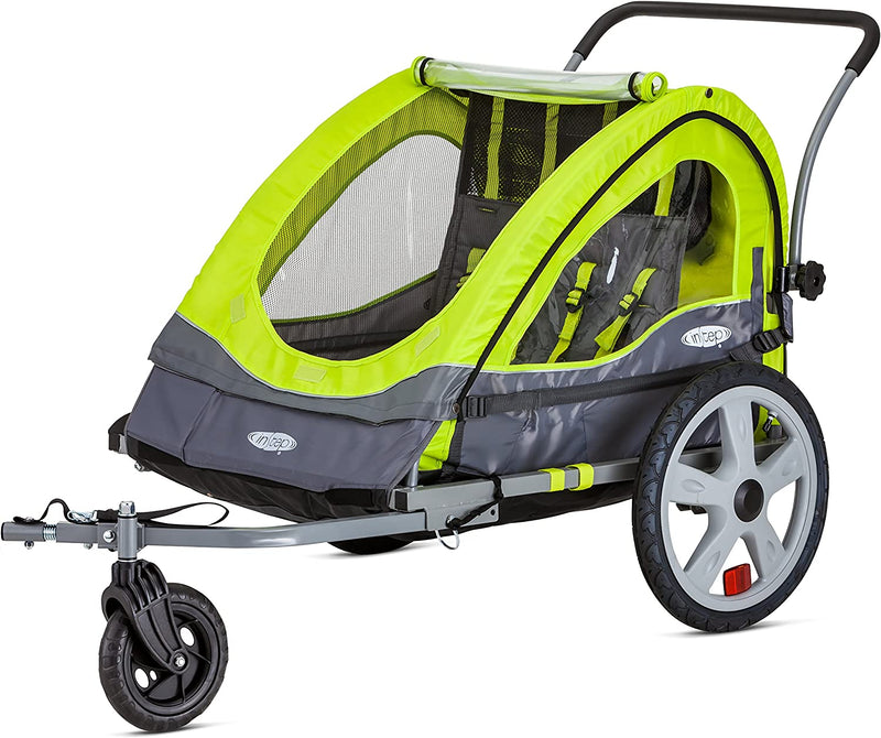 Remolque doble para bicicleta Quick-N-Ez para niños pequeños y niños. Se convierte en cochecito o carrito para correr. Capota 2 en 1. Acoplamiento universal para bicicleta. Marco plegable. Varios colores