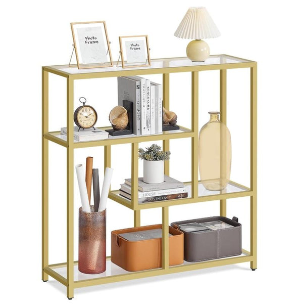 【Black Friday】Vasagle Bookcase, 4-Tier Bookshelf, Freestanding Shelf, 11.8 X 39.4 X 40.6 Inches, Storage Shelf, for Living Room, Office, Bedroom, Kitchen, Transparent and Pale Gold